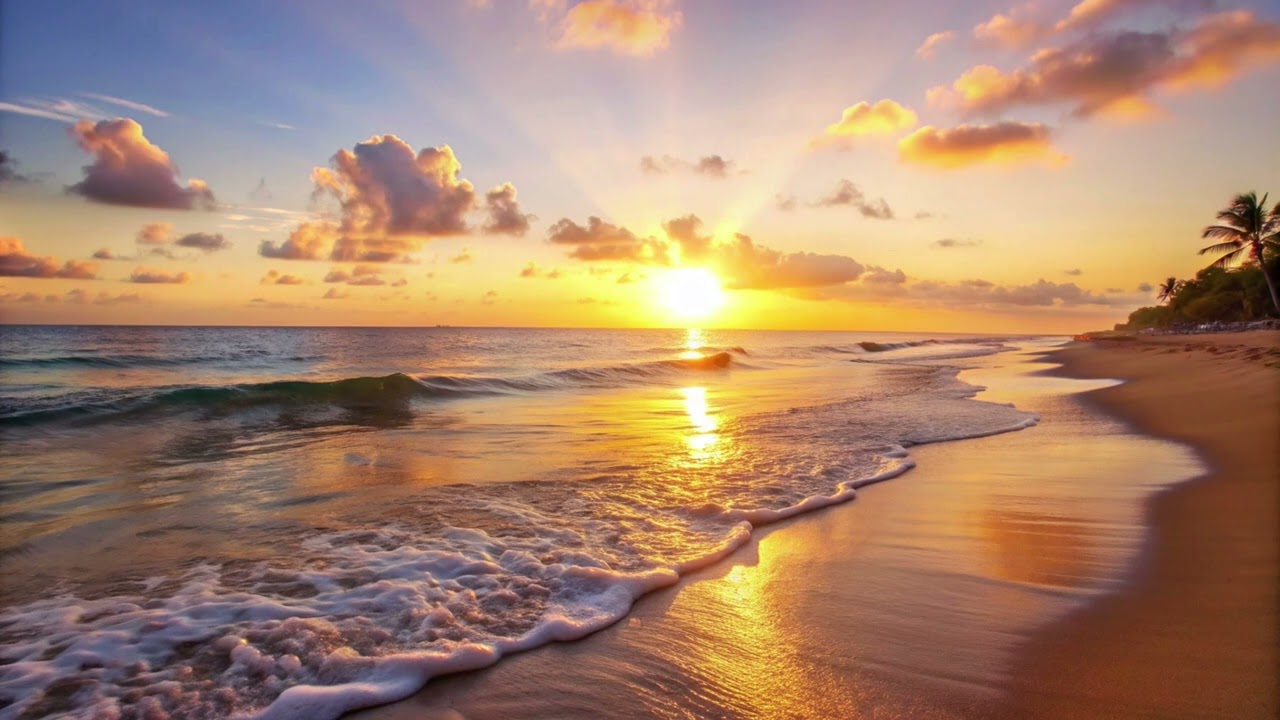 Tropical beach at sunset with golden sunbeams reflecting on gentle waves and wet sand beside palm trees
